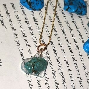 Handmade Heart Pendant with Genuine Turquoise in Clear Resin – Gold Plated Chain